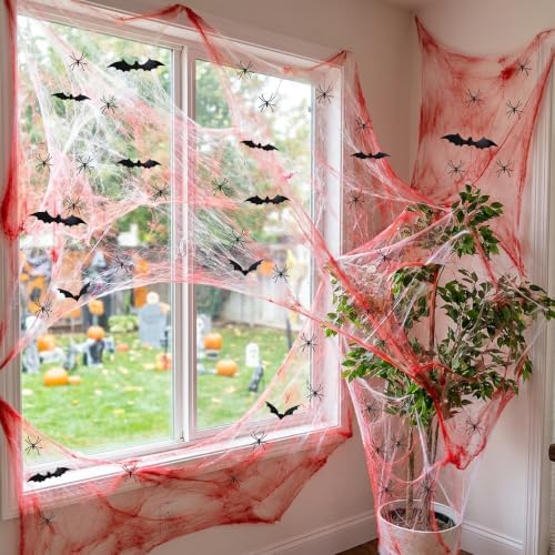 2200 Sqft Bloody Halloween Spider Web Decor with 100 Fake Spiders 24 Bats