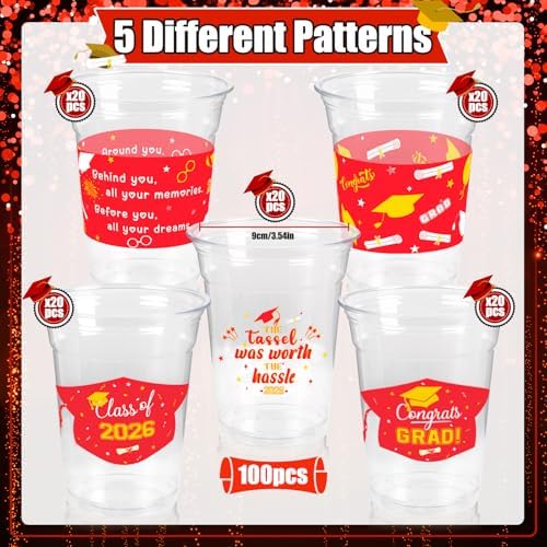 GuassLee Red Gold Graduation Decorations 2026 Party Cups - 100pcs 12 Oz Red and Gold Disposable Graduation Plastic Clear Cups for Drinks Class of 2026 Grad Party Supplies