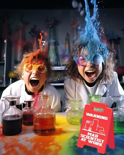 Mad Scientist at Work Warning Sign, Funny Halloween Mad Scientist Decor for Office Classroom Lab, Science Teacher Gift, Chemistry Lab Decor, STEM Gifts for Coworkers Engineers-Red