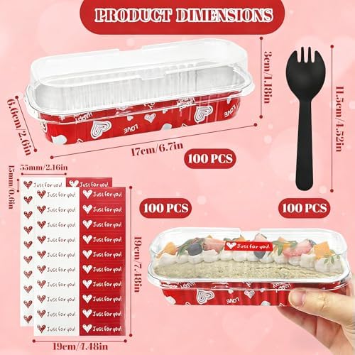 100Pack Valentine's Mini Loaf Pans with Lids Mini Cake Pans with Lids and Spoons, 6.8Oz Heart Shaped Cake Pans Fancy Muffin Pans Aluminum Foil Pans, Individual Dessert Cups Containers for Sales,Party