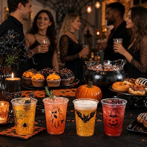 Halloween Plastic Cups, 100 Pack 12 oz Disposable Party Cups, 4 Designs