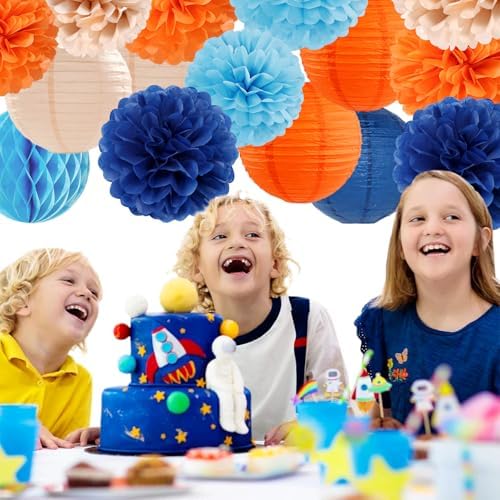Navy-Blue Orange Champagne Party-Decorations Paper-Flowers - 15pcs Fall Birthday Baby Bridal Shower Tissue Pom Poms Lanterns Streamers Honeycomb, Wedding Bachelorette Hanging Supplies Decor Hugfond