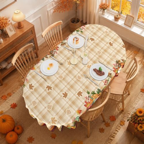 Fall Plaid Oval Tablecloth 60 x 120 Inch, Stain Resistant Washable Fabric Autumn Harvest Pumpkin Table Cloth Oval Fall Tablecloth Table Cover for Kitchen Dining Party
