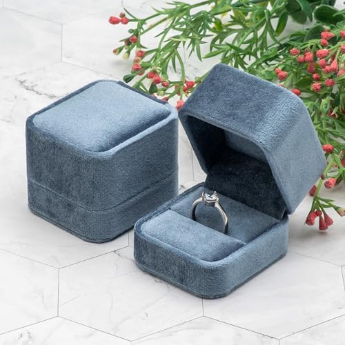 Velvet Single Ring Box Case Holder for Engagement Proposal Birthday Wedding,Jewelry Ring Gift Box Jewelry Packaging Box (Vintage Blue)