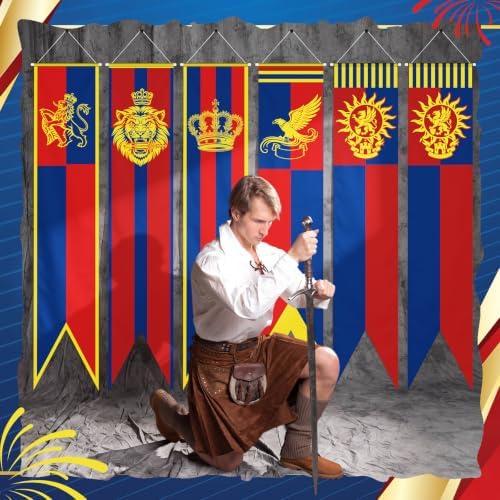 Hahafelt 6 Pcs Medieval Party Decorations Banners 61 Inch Knight Lion Bulletin Board Banner Medieval Fantasy Porch Door Hanging Decor for Wall Classroom Office Renaissance Castle Party Supplies Knight