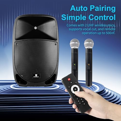 Portable 15" 1600W 2-Way Rechargeable Powered Dj PA Speaker System with Bluetooth, Rechargeable Battery, 2 Wireless Mics, USB, SD, FM Radio, Remote & Speaker Stand for Parties, Events, gigs, Outdoor