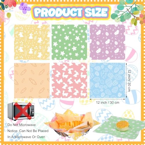 Ireer 300 Pcs Pastel Wax Paper Sheets Parchment for Food Picnic Deli Paper 12x12 Inch Waterproof Wrapping Deli Rabbits Easter Eggs Carrots Flower Basket Liners Greaseproof Easter Day
