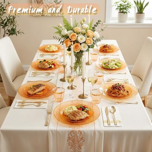 Rubtlamp 350 Pcs Plastic Dinnerware Set (50 Guests), Orange And Gold Plastic Plates, Hammered Party Plates Set Include Dinner Plates, Dessert Plates, Cups&Cutlery Set And Napkins for Wedding And Party