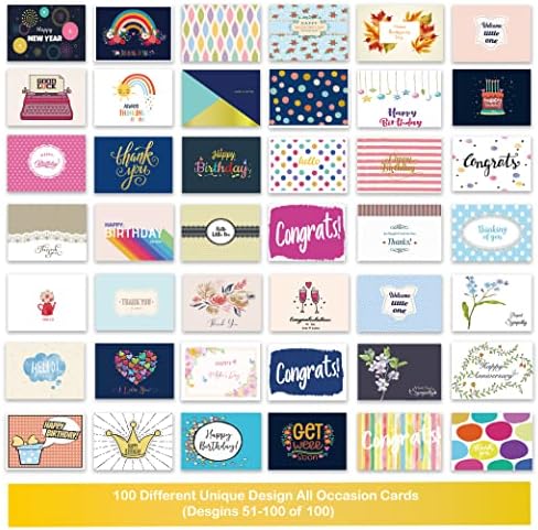 Janvale 100 All Occasion Cards Assortment Box with Color Envelopes，All Occasion Cards Set with Greeting Inside, Large 5 x 7 inch Cards with Stickers and Dividers