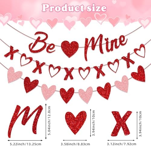 Valentine's Day Decorations - 3-Pack Pre-Strung Be Mine & XOXO & Heart Glitter Banners, No DIY Required, Romantic Decor for Home Classroom Office Wedding Party Anniversary