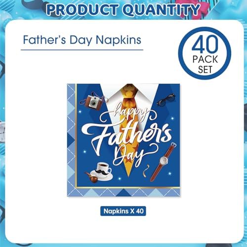 40 Pcs Happy Fathers Day Napkins - 6.5 Inch Blue Father Days Paper Napkins, 3-Ply Disposable Dad Day Cocktail Napkin Hand Towel Set for Happy Father's Day Party Supplies Table Decorations Favors