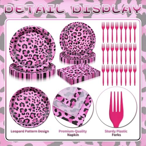 100 Pieces Pink Leopard Print Party Tableware Set – Hot Pink Cheetah Plates, Napkins and Forks, Disposable Dinnerware for Girls Birthday, Baby Shower and Safari Party Supplies