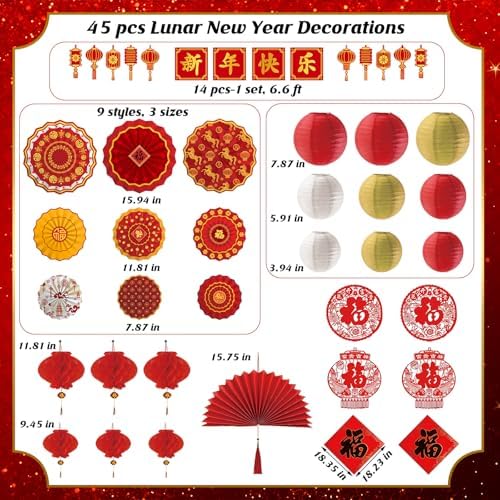 45 Pcs Chinese Lunar New Year Decorations, 2026 Year of the Horse Red Paper Fans Lanterns Lunar Horse Banner Fu Character Window Stickers Luck Hanging Ornaments Vietnamese Tet Party Supplies