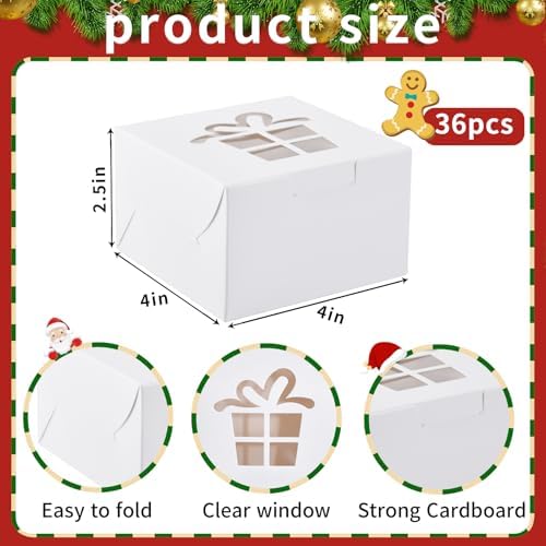 KPOSIYA 36 Pack Christmas Cookie Boxes for Gift Giving, 4x4x2.5 Inch White Bakery Boxes with Window, Large Holiday Cookie Tins with Lids, Small Xmas Treat Boxes for Pastry Dessert Cupcakes Packaging