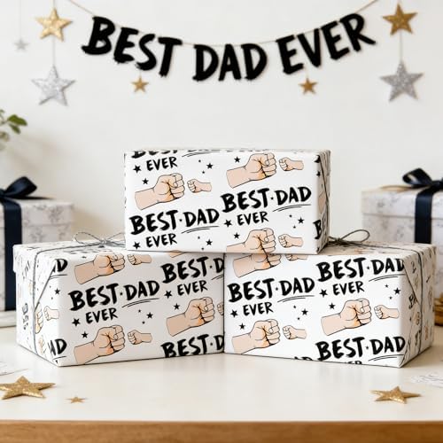 Cuitpan Father's Day Wrapping Paper - 4 Jumbo Sheets, 28x40 Inches, Best Dad Ever Fist Bump & Star Design, for Father's Day, Birthday & Dad Gifts
