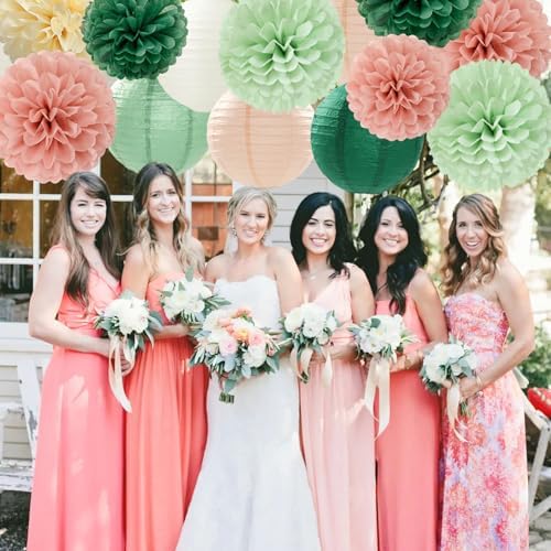 Sage-Green Pink Party-Decorations Paper-Flowers Lanterns - 15PCS Birthday Boho Rustic Tissue Pom Poms Streamers,Baby Shower Neutral Wedding Graduation Bridal Safari Hanging Supplies Decor Hugfond
