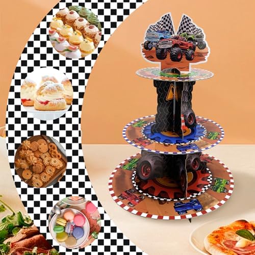 Race Car Theme Cupcake Stand - 3 Tier Cupcake Tower Decorations Dessert Holder for Table Display Truck Party Decor