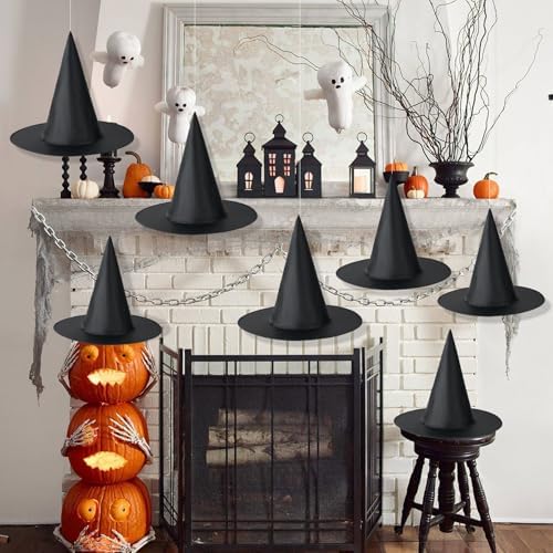12 PCS Halloween Witch Hat, Black Hanging Witch Hat Costume Accessories Thickened Hanging Wizard Hats Bulk with 109 FT Rope Floating Porch Indoor Outdoor Home Yard Party Supplies