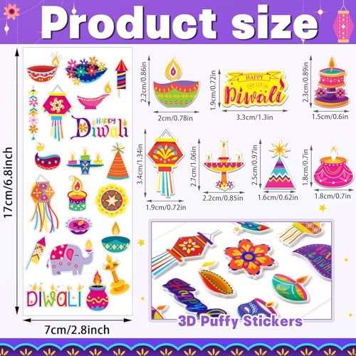 UPINS 12 Sheets Happy Diwali Stickers for Kids 3D Foam Puffy Bulk