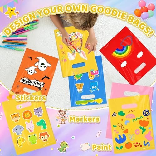 VieFantaisie 50 PCS Yellow Party Favor Bags, 8" x 11" Goodie Bags for Candy Treat Craft Easter Egg, Plastic Gift Bag with Die Cut Handles for Birthday Party, School Events & Small Business, Wedding