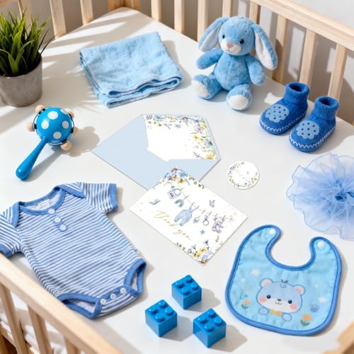 48 Pack Blue Flower Baby Shower Thank You Cards, Boy Baby Gift Card with Envelopes and Stickers, Greeting Cards Bulk for Baby Shower Party