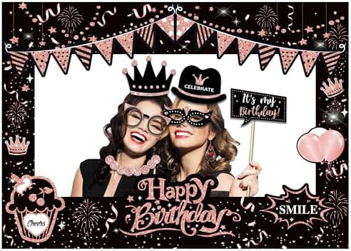38 Pcs Birthday Photo Booth Props Kit with Frame, Happy Birthday Party Favors Supplies Bday Party Decorations Set for Girls Women Really Glitter Selfie Paper Party Supplies (Rose Gold)