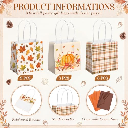 Silkfly 24 Pack Mini Pumpkin Gift Bag Bulk with Handle Tissue Paper 5x5x3''