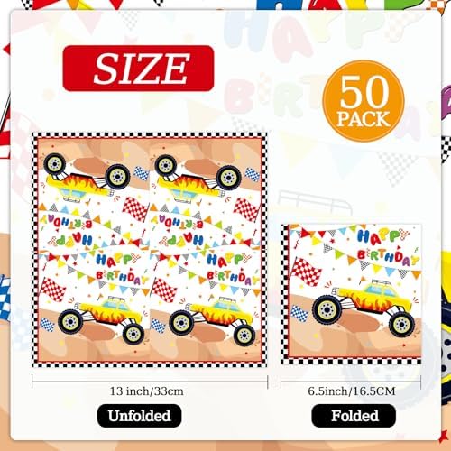 50 Pcs Monster Truck Paper Napkins 6.5 x 6.5 Inches, Racing Car Theme Disposable Luncheon Dinner Party Napkins Cocktail Napkin for Monster Truck Birthday Party Decorations (Truck)