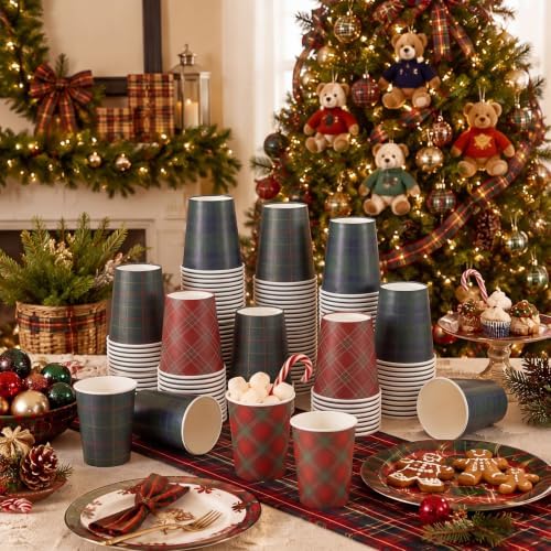 Funtery 100 Pcs Christmas Paper Cups 9oz Red Green Tartan Vintage Plaid Cup