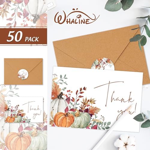 Whaline 50 Pack Fall Thank You Cards Boxed Boho Pumpkin Leaves Note Cards with Envelopes Stickers Blank Greeting Card for Autumn Thanksgiving Wedding Birthday Baby Shower