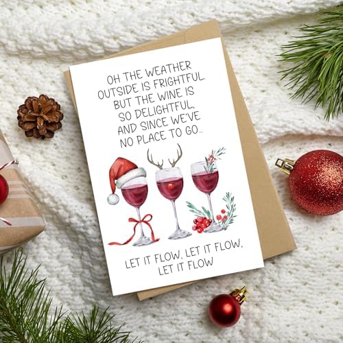 Funny Wine Christmas Card for Women Men, Humorous Christmas Card for Wine Lover, Merry Xmas Cards Gift for Friends Family, Let It Flow