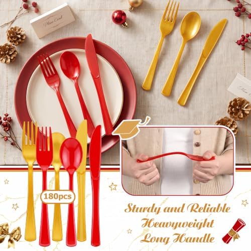 Minatee 180 Pcs Pearlescent Gold and Red Plastic Silverware Heavy Duty Cutlery Sets Disposable Utensils for Holiday Birthday Themed Party Supplies, 60 of Each Forks Knives Spoons