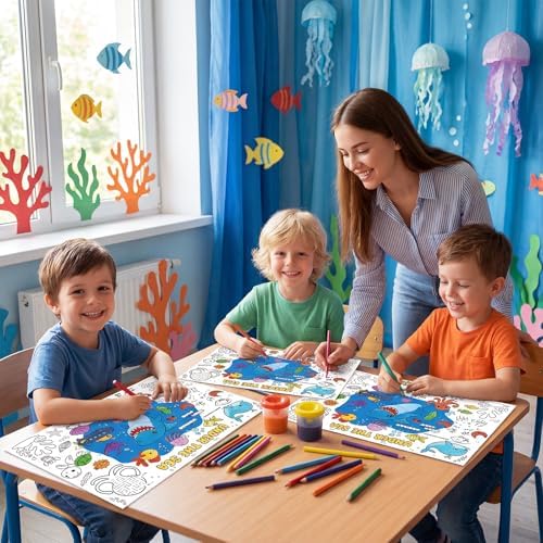 45pcs Under The Sea Disposable Coloring Placemats Ocean Crafts for Kids Party Favors Coloring Poster Classroom Activities Birthday Party Supplies Paper Table Mats