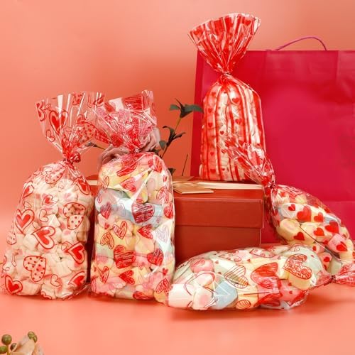 Valentine Treat Bags, 200 Pcs Valentines Cellophane Bags, Plastic Clear Red Valentine Candy Cookie Gift Goodie Snack Bag with 100 Pcs Twist Ties for Valentines Wedding Party Favor Supplies, 5 Styles