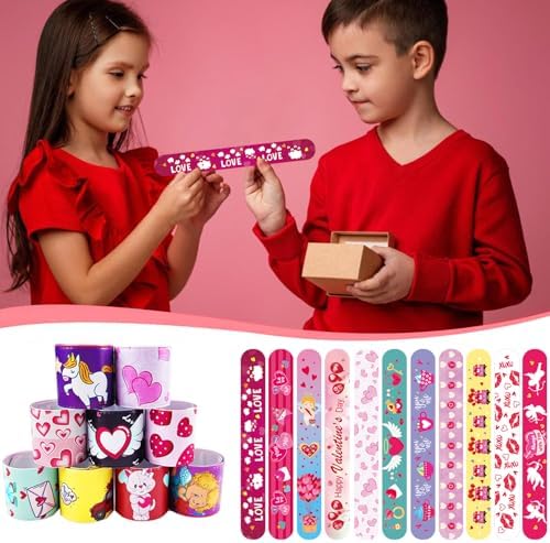 SUNPROUND 100Pcs Valentine's Day Slap Bracelets, Valentine Party Favors Snap Wristbands for Kids Exchange Gifts, Goodies Stocking Stuffers, Classroom Prizes
