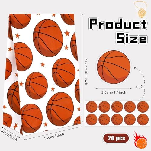 FEBSNOW 20Pcs Basketball Paper Gift Bag with Stickers for Sport Party Favor