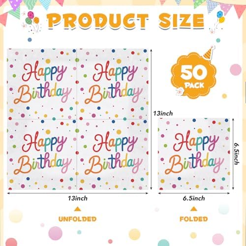 Natnarr 50 Pk Happy Birthday Napkins, 6.5" Rainbow Birthday Cocktail Napkin