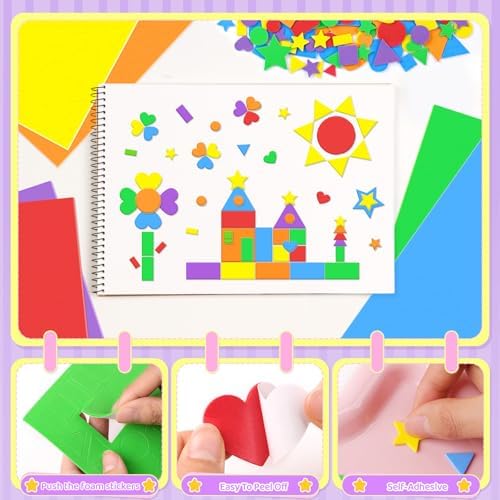 600Pcs Foam Stickers Foam Shape Stickers for Craft Heart Star,Bright Color