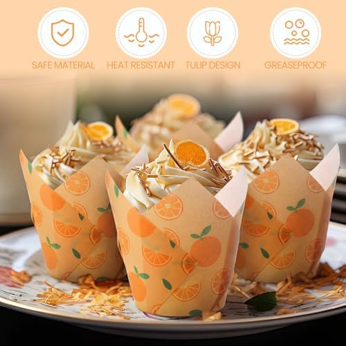 Maxdot 200 Pcs Orange Tulip Cupcake Liners for Baking Little Cuties Paper Muffin Baking Cups Orange Fruit Theme Tulip Muffin Liners Wrappers for Summer Birthday Baby Shower Dessert Fruit Party
