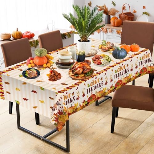 3 Pcs Thanksgiving Tablecloth Disposable - Give Thanks Tablecloths, Maple Leaves Pumpkin Fall Table Cloth Plastic Rectangle Table Cover for Thanksgiving Party Decorations Supplies Favors, 54x108 Inch