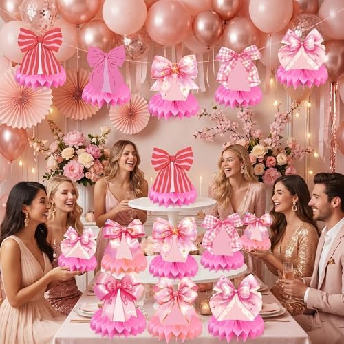 Pink Bow Honeycomb Centerpieces - Coquette Theme Party Table Decorations