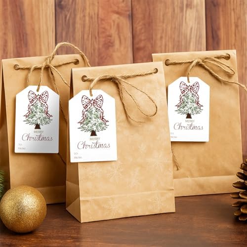 Teling 50 Pcs Christmas Gift Tags with String Red Bow Merry Christmas Tags
