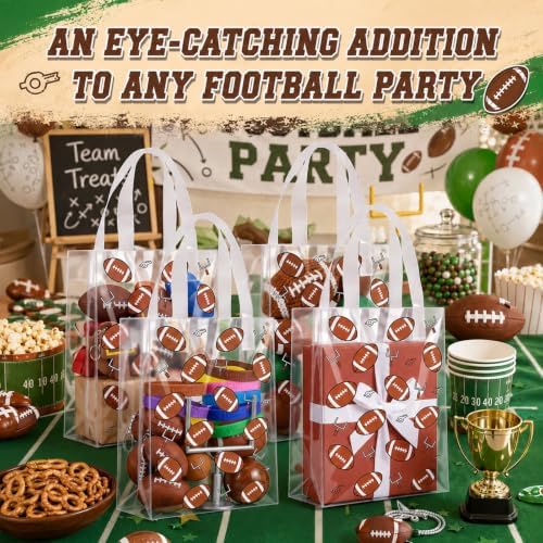 Pajean 24 Pcs Football Plastic Gift Bags with Handles, 5.9 x 8.7 x 3.1 Inch Rugby PE Treat Bags, Brown Football Theme Goodie Pouches for Classroom Exchange, Sport Game Day Party Supplies Decoration