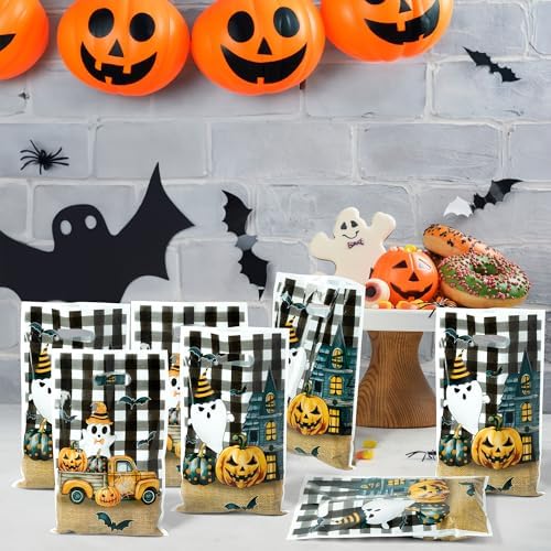 Haooryx Little Boo Pumpkin Party Favor Bags Halloween Plastic Gift Bags