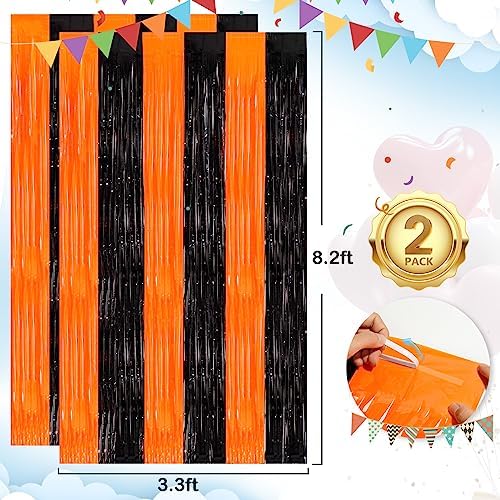 Black Orange Halloween Backdrop, 2 Pack Tinsel Foil Fringe Curtains
