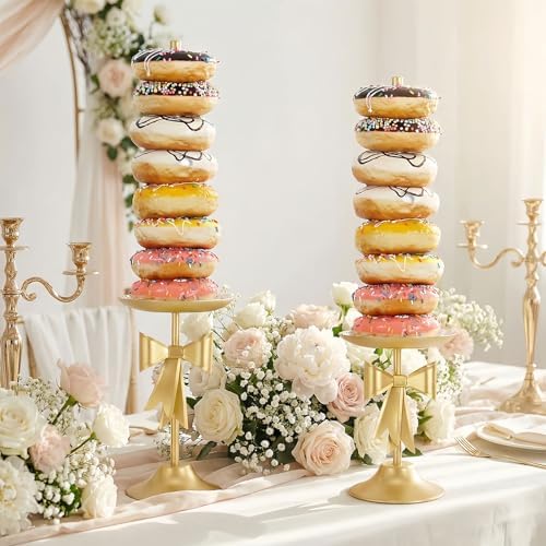 AIM & GGKK Gold Bow Donut Stand, 2 Pieces Metal Donut Display Stand Set for Wedding Birthday Party Dessert Table Decorations, Elegant Gold Bow Design Tower Holder for Donuts Bagels, Party Supplies