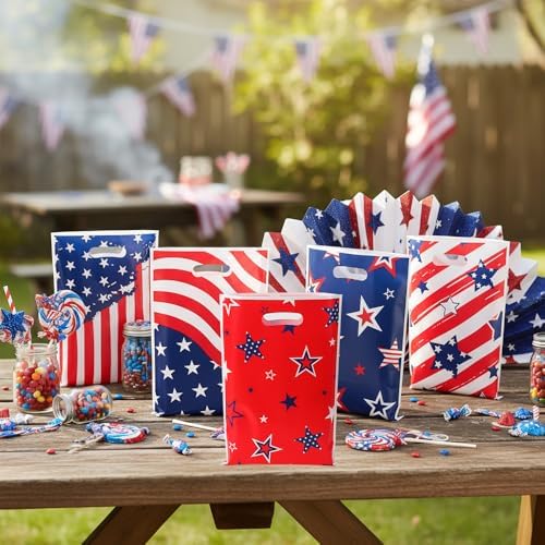 4th of July Treat Bags, 50PCS 4th of July Gift Bags with Handles, Plastic Red White and Blue Patriotic Star Cookie Goodie Candy Party Favor Bag for Independence Day Party Decoration Supplies, 6.7"x10"