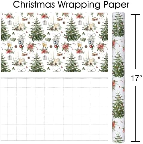 MAYPLUSS Christmas Wrapping Paper Roll - 17 In x 33 Feet - Cute Watercolor Christmas Tree Candle Pinecone Goblet Gift Wrap Paper for New Year, Holiday, Kids