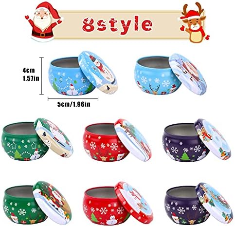 TSLBW Candle Tin Jars 8PCS Christmas Round Tinplate Empty Tins Boxes Mini Candle Making Containers Empty Metal Candle Tin with Lids for DIY Candle Making Candy Tea Spices Xmas Party Favor Gifts