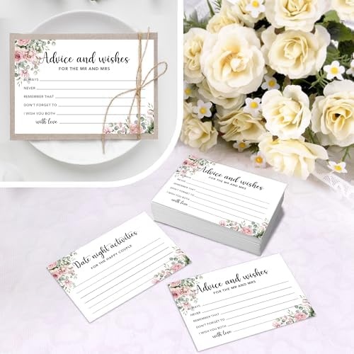 Advice And Wishes For The Mr And Mrs - 50 Pcs Wedding Advice Cards For Bridal Shower Decorations, Bridal Shower Games, Wedding Guest Book(Pink Rose) -A06